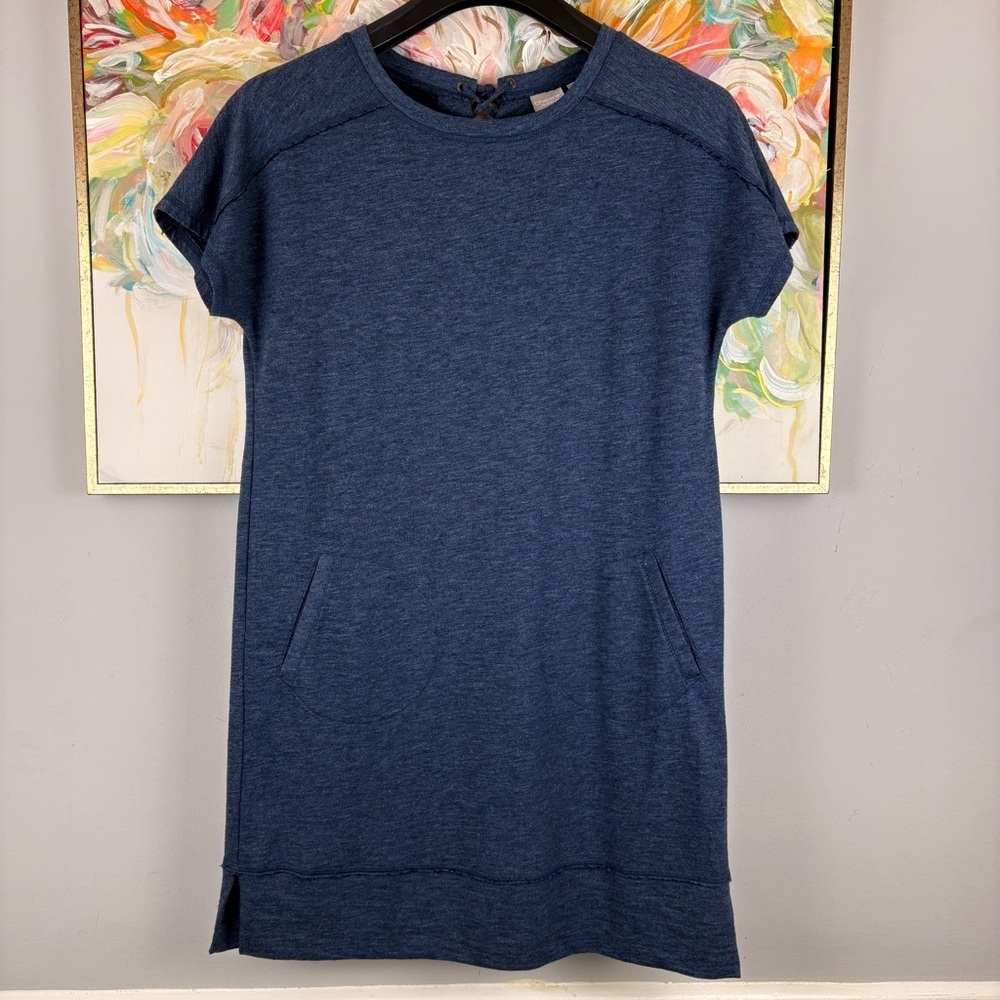 Chico’s Zenergy Blue Knit Dress Lace Up Back Pockets Size 1 8 10